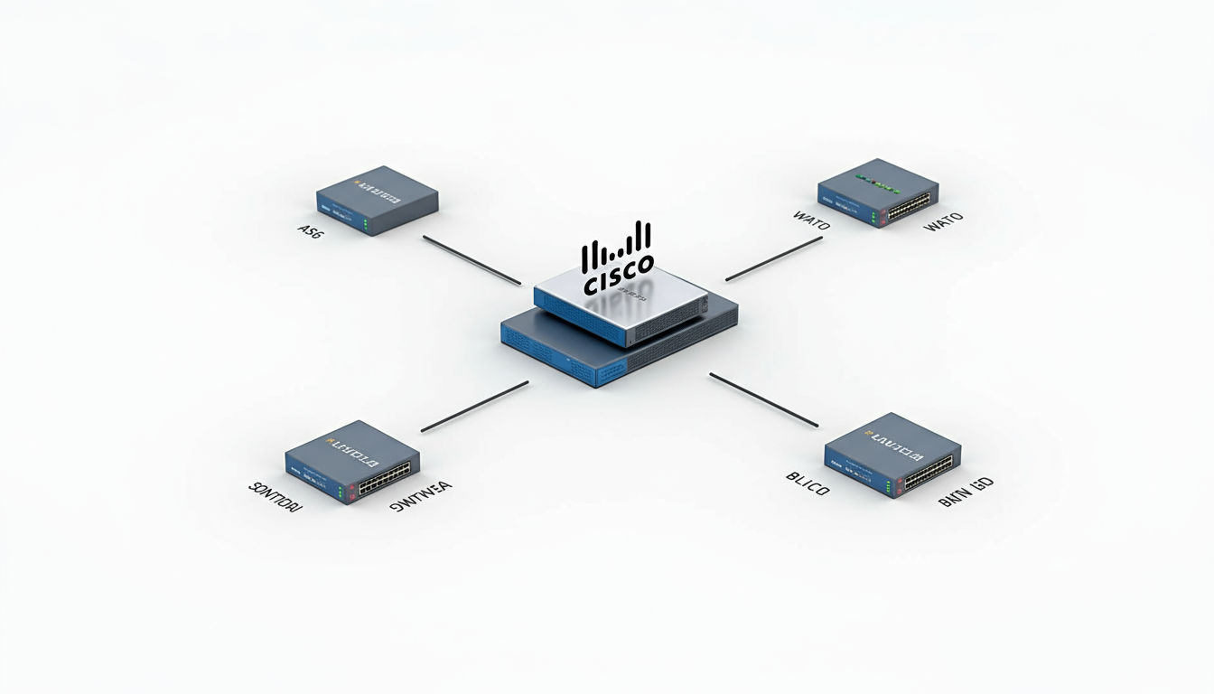 Professional Cisco network topology diagram showing 4 routers, 1 ASA firewall, and 3 Catalyst switches in enterprise configuration